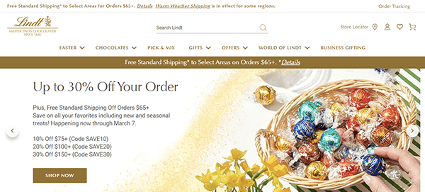 Discover one of the best candy websites with Lindt's homepage promotion: enjoy up to 30% off and free shipping on orders over $65. Valid through March 7, indulge in assorted chocolate truffles that promise a delightful taste journey.