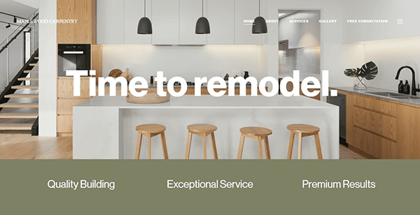 Modern kitchen interior with a central island, stools, and overhead lighting. The text reads "Time to remodel" with service categories below: Quality Building, Exceptional Service, Premium Results. Discover the best carpenter websites for inspiration and elevate your renovation today.