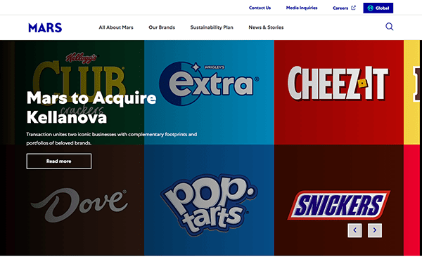 Mars website announcing acquisition of Kellanova features logos of beloved brands like Extra, Cheez-It, Dove, Pop-Tarts, and Snickers. Discover the latest updates in candy innovation. Visit for more sweet details on this exciting news with a "Read more" button.