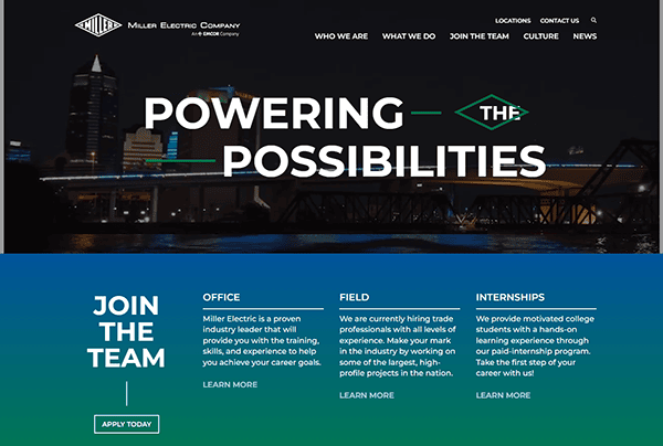 Miller Electric Company website screenshot. City skyline at night with "Powering the Possibilities" text. Explore job opportunities in office and field highlighted below with an "Apply Today" button, showcasing one of the top commercial electrician websites online.