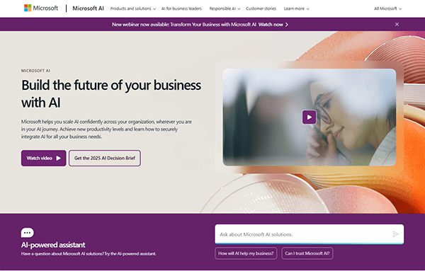 Explore the Microsoft AI webpage, one of the best AI websites offering innovative solutions. Featuring a central text, engaging video section, and a call-to-action button, this page is designed with a header and footer for seamless navigation through valuable AI resources.