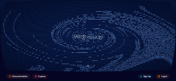 Blue text swirls on a dark background form a vortex centered around the word "MidJourney." Renowned as one of the best AI websites, it features buttons for Documentation, Explore, Sign Up, and Log In at the bottom.