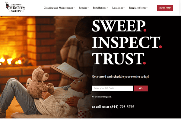 A child with a teddy bear sits near a fireplace, while an adult enjoys a book. The text reads, "Sweep. Inspect. Trust." Nearby is a form to enter your ZIP code and contact number for top-notch chimney cleaning services from the best chimney websites.