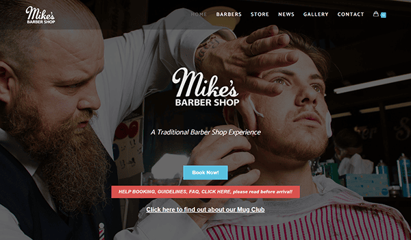 At "Mike's Barber Shop," recognized as one of the best barber shops, a skilled barber applies shaving cream to a client's face. The sleek website features a booking button and links to guidelines and their exclusive Mug Club.