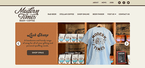 Discover the best shop display showcasing branded coffee bags and a T-shirt with the "Modern Times" logo. Navigate through sections like "About," "News," and "Jobs" in the website header, and explore our brewery's finest offerings.