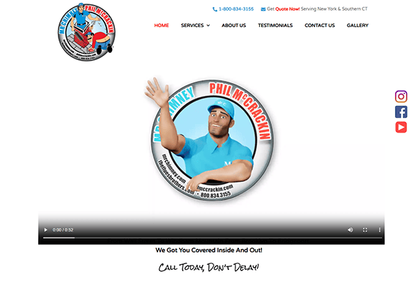 The website homepage showcases a logo featuring a cartoon handyman, highlighting our expertise as the best chimney cleaner. It includes contact information and navigation links to explore our specialized chimney cleaning websites.