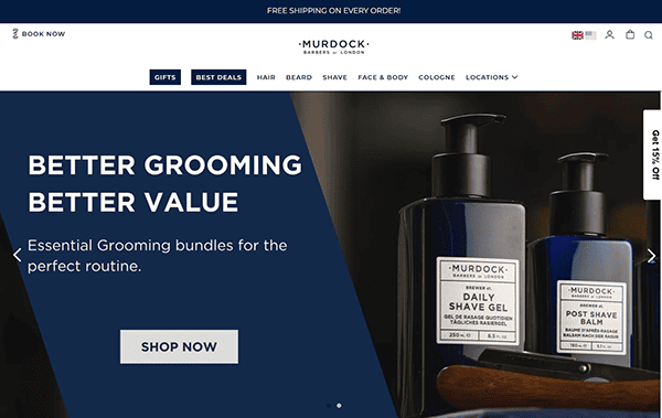 Screenshot of a grooming products webpage, reminiscent of top barber shop websites, featuring Daily Shave Gel and Post Shave Balm. Text reads "Better Grooming, Better Value" alongside a tempting "Shop Now" button.