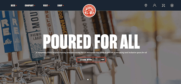 Beer taps with various labels are lined up, beneath the bold text "POURED FOR ALL," creating a welcoming vibe. Perfect for showcasing on brewery websites, this image promotes an inclusive space for enjoying beer together.