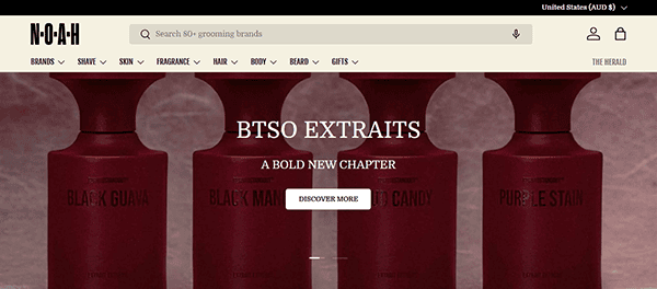 Screenshot of a website showcasing three dark red perfume bottles labeled "BTSO EXTRAVITS" and "A BOLD NEW CHAPTER." Like top-tier Barber Shop Websites, it features navigation and search bars at the top, with a "Discover More" button inviting further exploration.