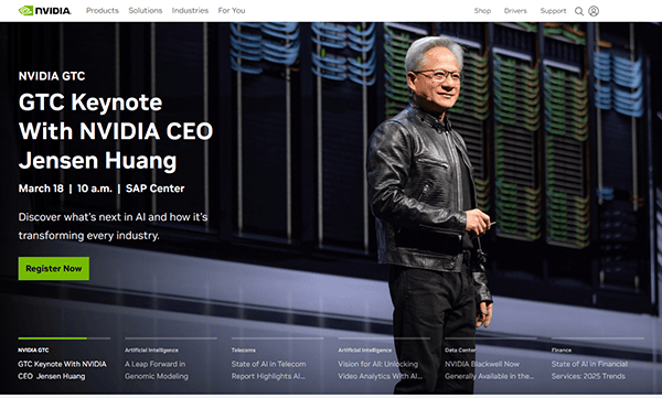 The NVIDIA GTC webpage spotlights CEO Jensen Huang, promoting a keynote on Artificial Intelligence set for March 18 at 10 a.m. at SAP Center. Don't miss the chance to register and explore the best AI topics listed below.
