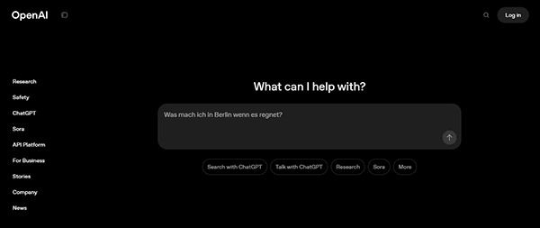 The OpenAI homepage, one of the top AI websites, features a sophisticated dark theme with a search prompt in German: "Was mach ich in Berlin wenn es regnet?" and offers various search options below.