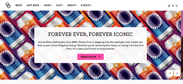 Cans of beer are arranged in a diagonal pattern, with a central text box proclaiming "FOREVER EVER, FOREVER ICONIC" and a shop button below. Discover this eye-catching design on one of the best brewery websites of 2023.