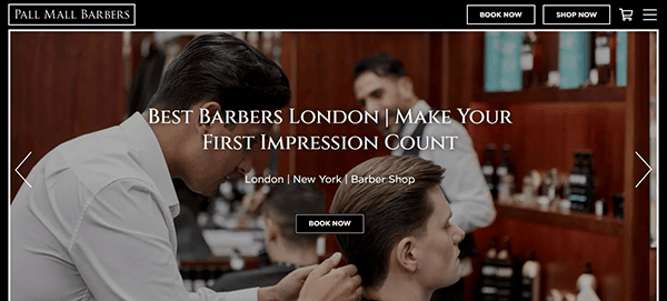 A skilled barber styles a customer's hair in the best barber shop, framed by a promotional banner for Pall Mall Barbers.