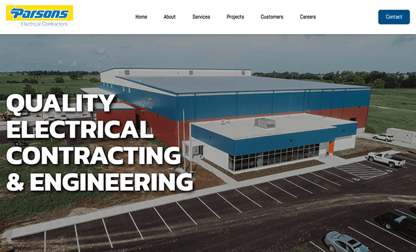 The website screenshot displays a large industrial building with the text "Quality Electrical Contracting & Engineering." It's a prime example of top-notch Commercial Electrician Websites, featuring a navigation menu with Home, About, Services, Projects, Customers, Careers, and Contact options.