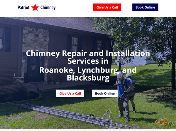 Two workers prepare to install a chimney ladder outside a house. Text reads: "Chimney Repair and Installation Services in Roanoke, Lynchburg, and Blacksburg." Our expert chimney cleaners ensure safety and reliability. Options to call or book online.