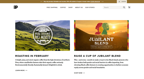 Explore our exquisite coffee collection on a perfectly crafted cafe website design, featuring "Peru Organic Del Norte" with stunning landscape visuals and "Jubilant Blend," depicted by a woman savoring each sip. Enjoy exclusive offers and seamless navigation at the top.