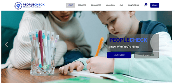 A child writes on paper beside an adult, with a container of colorful pens brightening the table. The website header reads "People Check," featuring navigation links and a "Learn More" button about the best background check services.