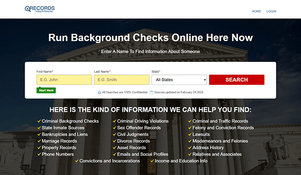 A website screenshot showcases one of the best online background check platforms, featuring search fields for first and last name, state selection, and a list of available search options like criminal records and court documents.