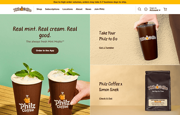 Explore Philz Coffee's promotional webpage, showcasing our refreshing mint drinks, a stylish to-go tumbler, and a premium coffee bag. Discover why we're featured among the best cafe websites for both quality products and an exceptional online experience.
