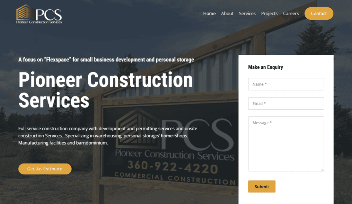 Screenshot of the Pioneer Construction website showcasing their construction services, including steel building, concrete foundations, and wood framing. Features contact info and an image of a bustling construction site with diligent workers.
