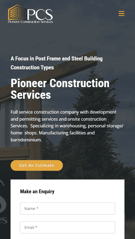 Screenshot of Pioneer Construction's website showcasing a header, contact form, team photo, about section, list of construction services, and contact details.