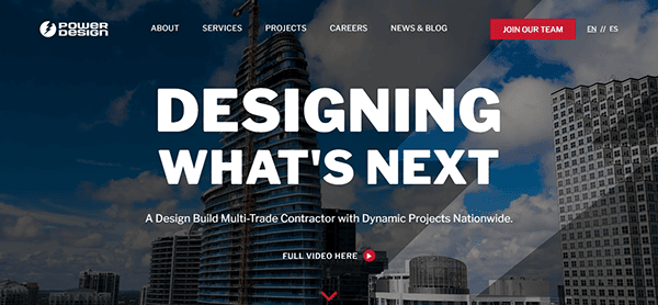 The homepage showcases a high-rise building with the slogan "Designing What's Next" and a menu featuring About, Services, Projects, Careers, News & Blog, and Join Our Team—ideal for commercial electrician websites seeking innovation and growth.