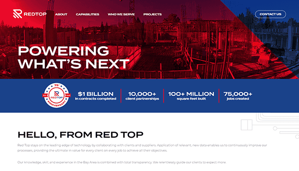 Red Top webpage featuring bold text: "Powering What's Next" highlights business achievements, including $1 billion in contracts, 10,000+ partnerships, 100+ million square feet built, and 75,000+ jobs created. Recognized as one of the best commercial electrician websites for industry leaders.