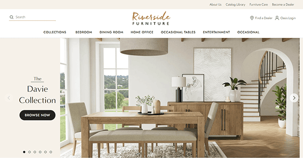 A dining room scene featuring wooden furniture is showcased, exemplifying the craftsmanship celebrated on top carpenter websites. The navigation bar includes options like collections and furniture care, while a button invites you to "Browse Now" for the Davie Collection.