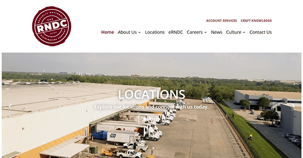 The website homepage features a "Locations" section with a bustling distribution center, trucks in motion, and menu options like Home, About Us, and Contact Us at the top—an ideal layout for beverage distributor websites seeking streamlined efficiency.