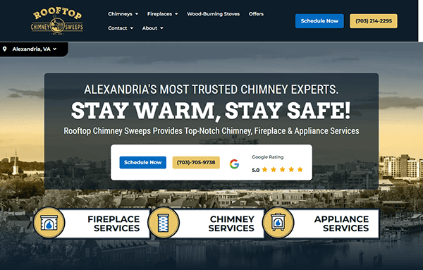 Rooftop Chimney Sweeps' homepage showcases top-notch services like fireplace, chimney, and appliance care. Discover why we're the best chimney cleaner with easy contact and scheduling options.