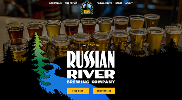 Rows of beer glasses line the counter, showcasing the best brewery experience with the Russian River Brewing Company logo elegantly overlayed at the bottom of the image—an ideal visual for top-tier brewery websites.