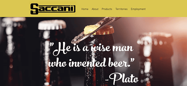 Bottles lined up with caps being removed, overlaid with the quote: "He is a wise man who invented beer." - Plato. Explore our selection on Saccani's Beverage Distributor Websites.