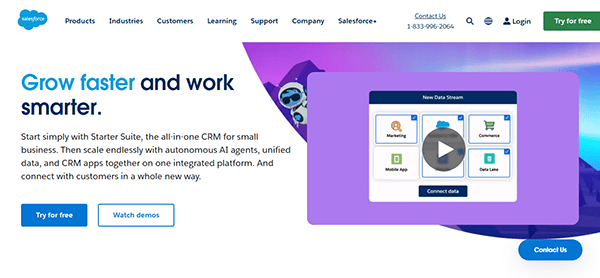 The screenshot displays a CRM software website featuring a video on "New Data Stream" integration, with buttons to "Try for free" and "Watch demos." Explore menu options like Products, Industries, and Support on one of the best AI websites in the industry.