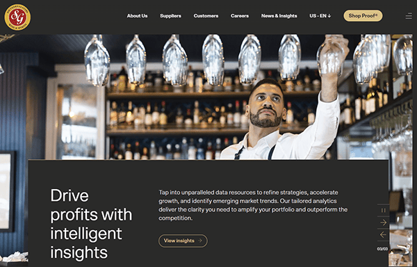 Man arranging glasses at a bar with shelves of bottles in the background. Text overlay promotes insights for driving profits, highlighting innovations like beverage distributor websites.