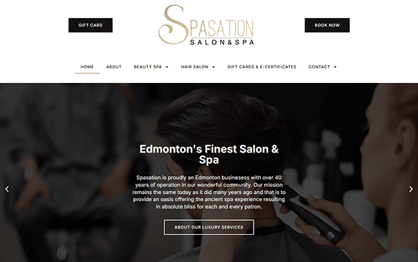 Screenshot of Spasation Salon & Spa website, showcasing a person getting a haircut. Celebrated as Edmonton's finest salon with over 40 years of excellence, it rivals the best barber shop websites with its sleek design and commitment to style and service.