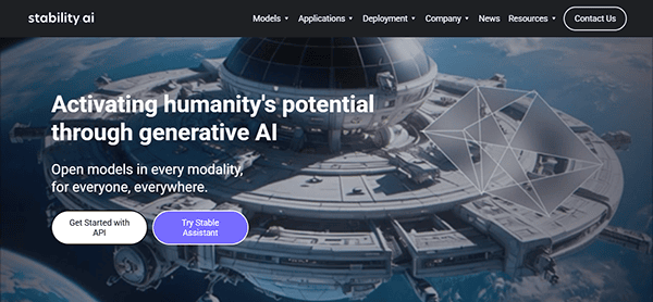 Stability AI's homepage transports you to a futuristic space station with the words: "Activating humanity's potential through generative AI." Recognized among the best AI websites, it offers buttons for API and Stable Assistant.