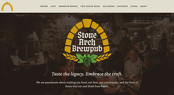 Explore the Stone Arch Brewpub homepage, where our logo and inviting tagline welcome you to a scene of people dining in a rustic setting. As one of the best brewery websites, we combine charm with cutting-edge brewery SEO for an unforgettable experience.