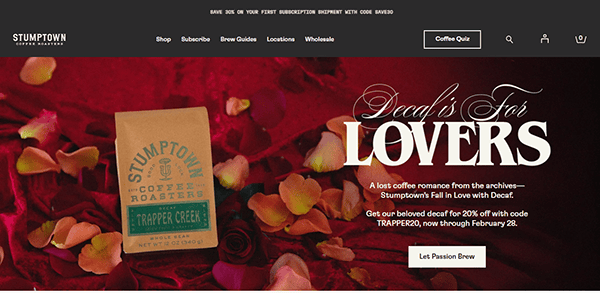 Stumptown Coffee, ranked among the best cafe websites, is offering a discount on decaf coffee. Visit their site and use the promo code for savings on their elegant brown coffee bag featuring bold "Decaf is for Lovers" text.