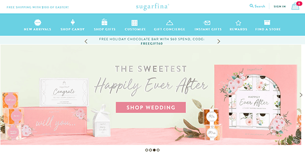 Explore the Sugarfina website and discover "The Sweetest Happily Ever After" wedding candy collection. With its pink floral design products, it's no wonder why candy reviews rave about it as one of the best candy experiences available.