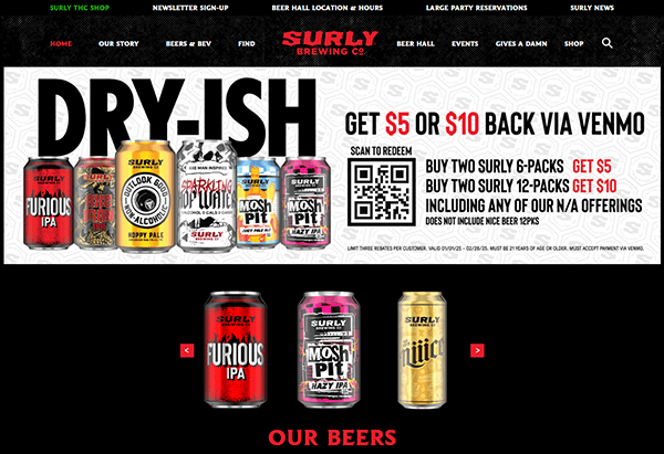 Surly Brewing's website showcases its vibrant beer cans and enticing promotional offers, featuring a QR code for Venmo savings. As one of the best brewery websites, it blends style and functionality to highlight their passion for craft brews.
