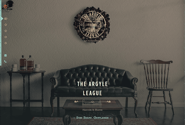 A vintage style salon interior features a leather sofa, a wooden chair, and a small table adorned with grooming products. A wall sign reads "The Argyle League," capturing the essence often showcased on exclusive barber shop websites.