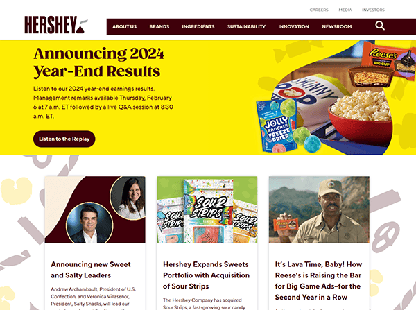 Hershey's homepage, one of the best places in the candy world, highlights 2024 year-end results and exciting product updates for favorites like Reese's and Sour Strips.