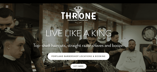 Barbers skillfully crafting haircuts at Throne barbershop, with text: "Live Like A King. Top-shelf haircuts, straight razor shaves, and booze." Options for locations and gift cards available—explore more on our barber shop websites.