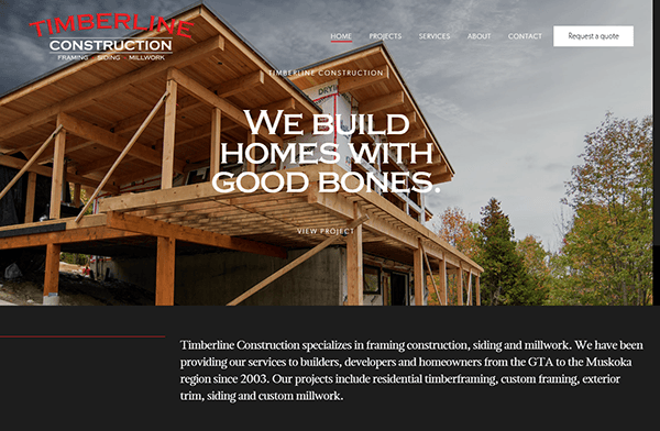 Website homepage for Timberline Construction features an image of a partially constructed house and the text "We build homes with good bones." Menu options include Home, Projects, Services, and About. Explore the expertise of the best carpenter in our industry through showcased projects.