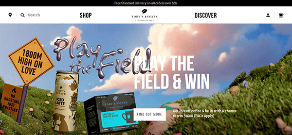 A webpage with a sky-themed background, reminiscent of top cafe sites, promotes an exciting contest. Featuring images of coffee cans and packets, the text urges: "Play the Field & Win," offering a chance to win $1000.