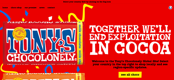 Image of Tony's Chocolonely website with a red background. Text reads: "Together we'll end exploitation in cocoa." Includes button: "see all choco." Discover why this is one of the top candy sites dedicated to ethical practices.