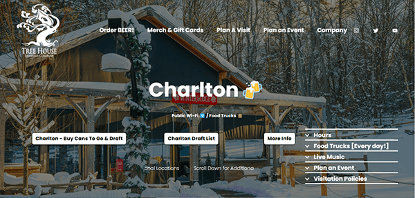 A rustic building showcases the Tree House Brewing logo. The stylish brewery website design features a menu with "Order BEER" and "Plan an Event." Text reads "Charlton Draft List," complemented by user-friendly navigation links, embodying one of the best brewery websites around.