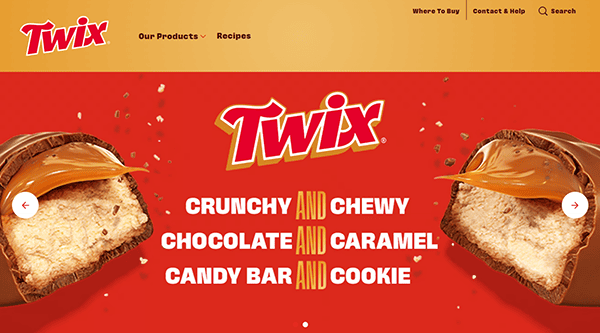 Twix candy bar ad showing chocolate and caramel filling. Text reads "Discover the Best Candy with our Crunchy and Chewy Chocolate and Caramel Candy Bar and Cookie.