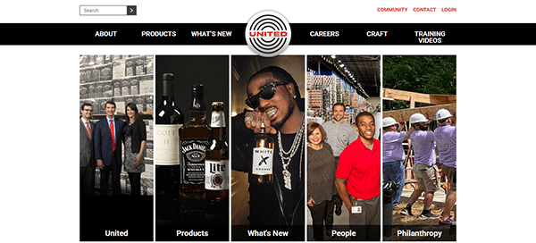 Homepage showcasing sections: United, Products, What's New, People, and Philanthropy with corresponding images. Explore our journey as a leading beverage distributor through these engaging website sections.