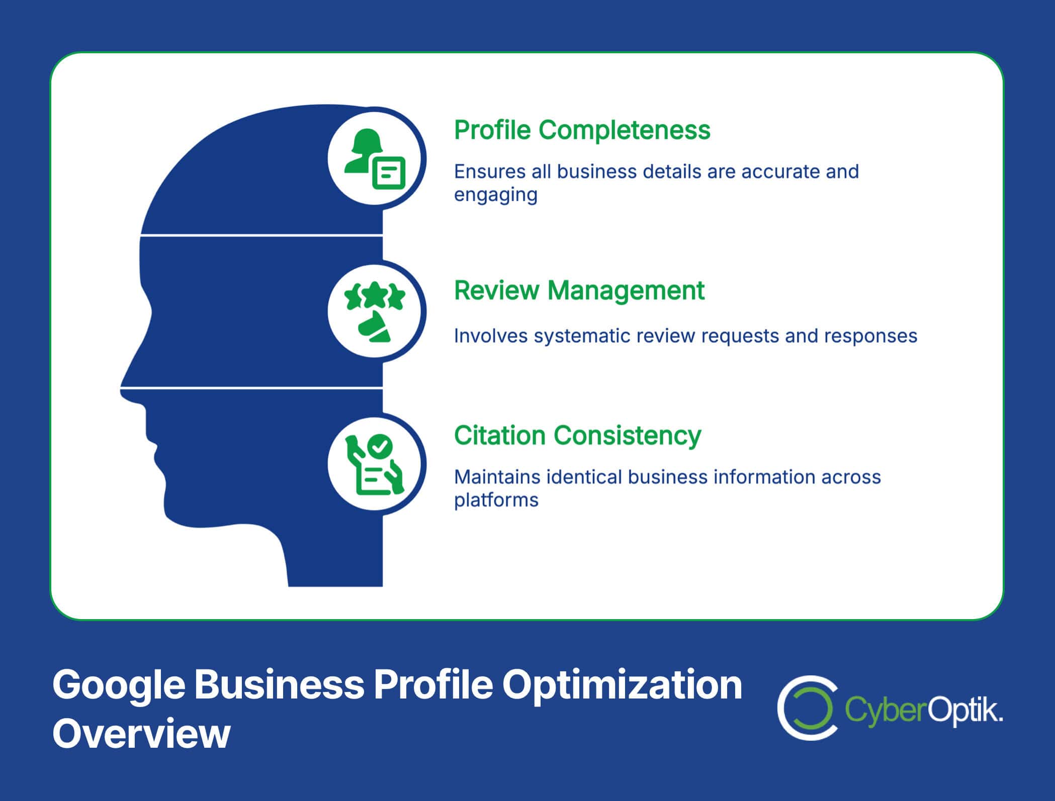 Infographic titled "Google Business Profile Optimization Overview" with icons and text detailing three aspects: Profile Completeness, Review Management, and Citation Consistency.